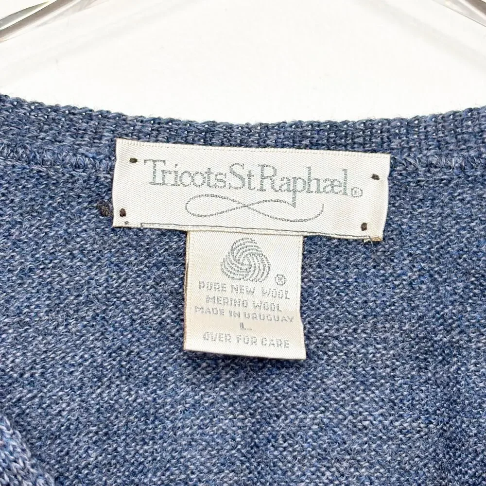 Men's Vintage Tricots St Raphael V- Neck Blue Argyle Wool Sweater L